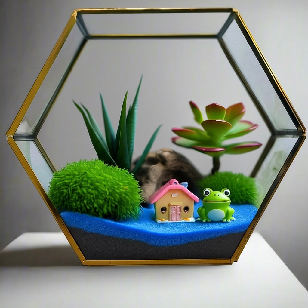 Hexagonal Glass Terrarium DIY Kit with Live Plants & Moss - COZY GARDEN