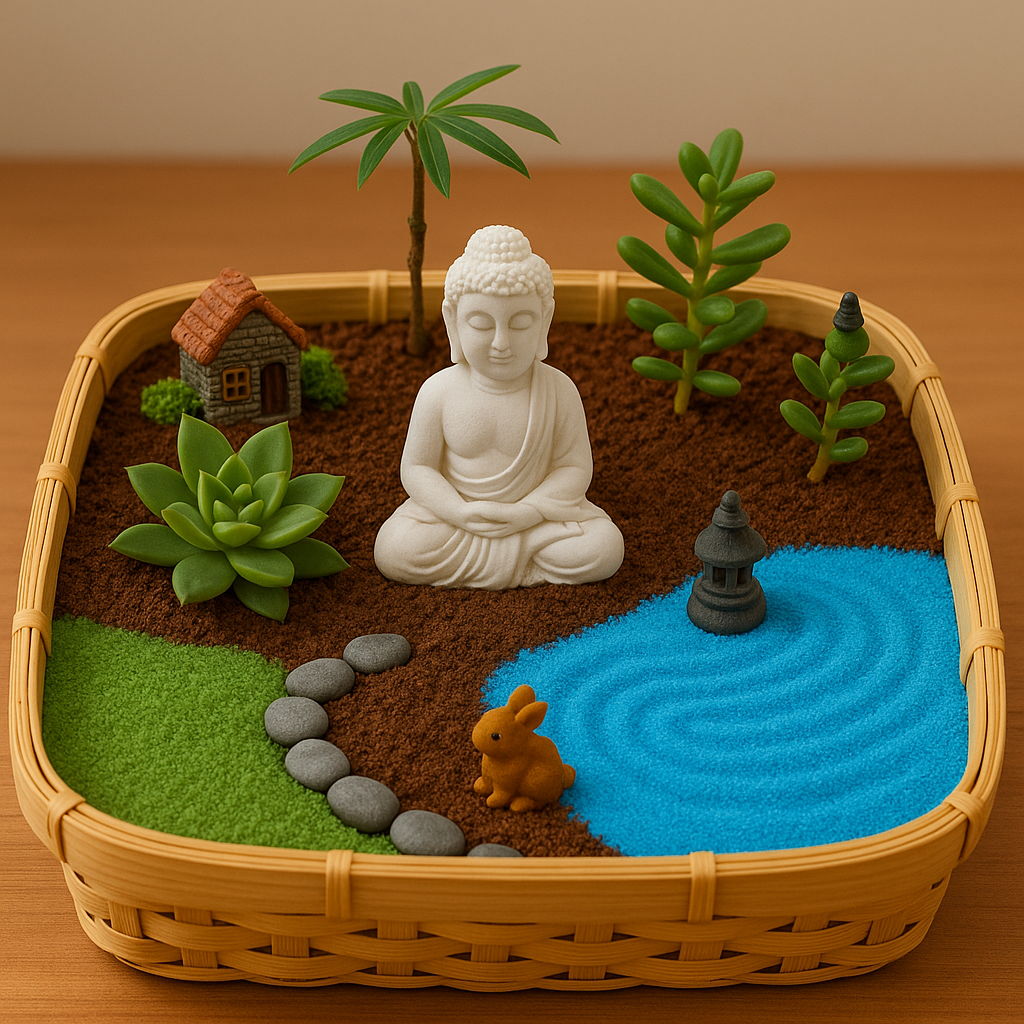 DIY Zen Garden Kit in Wooden Bamboo Basket with Thinking Buddha – For Peace, Prosperity, and Positive Energy - COZY GARDEN