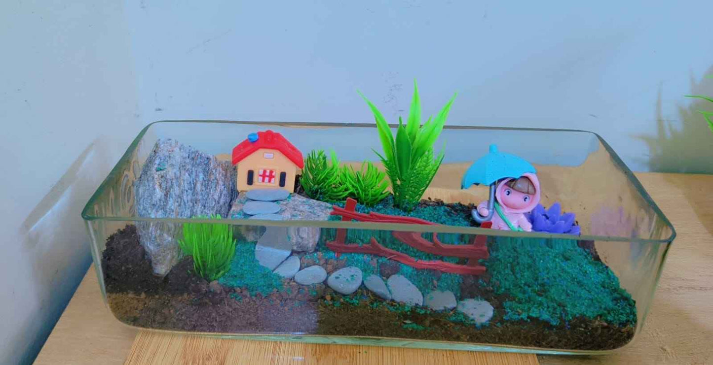 Scenarium DIY Kit: Mountain Hut with Boy Miniature and Pebble Stairs in 10x4 Inch Terrarium