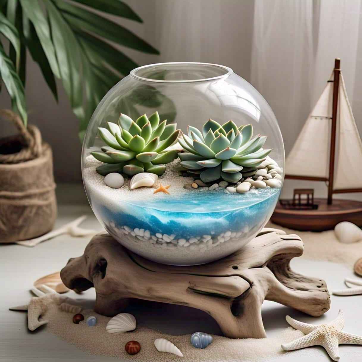 Round Beach Theme DIY Terrarium Kit with Live Plants included (Large)