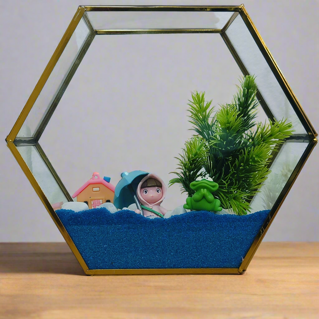 Hexagon Glass Decor Kit: Build a Miniature Scene with Artificial Plants | DIY Desk Display & Unique Gift - COZY GARDEN