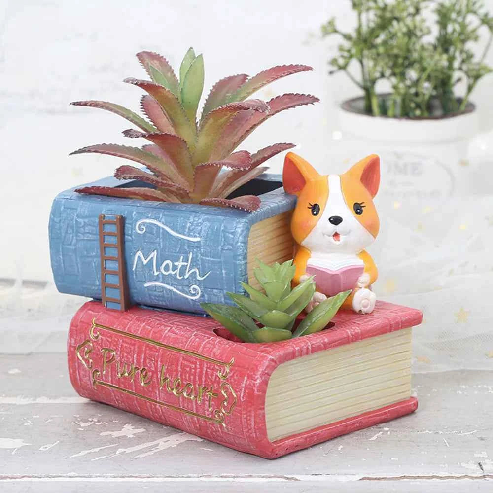 Cute Corgi Dog Reading Book Succulent Pot