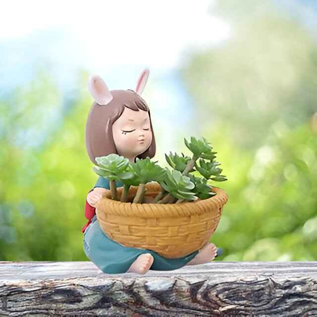 Sitting Basket Girl Resin Pot