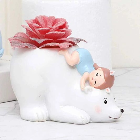 Cute Girl on Polar Bear Resin Succulent Pot