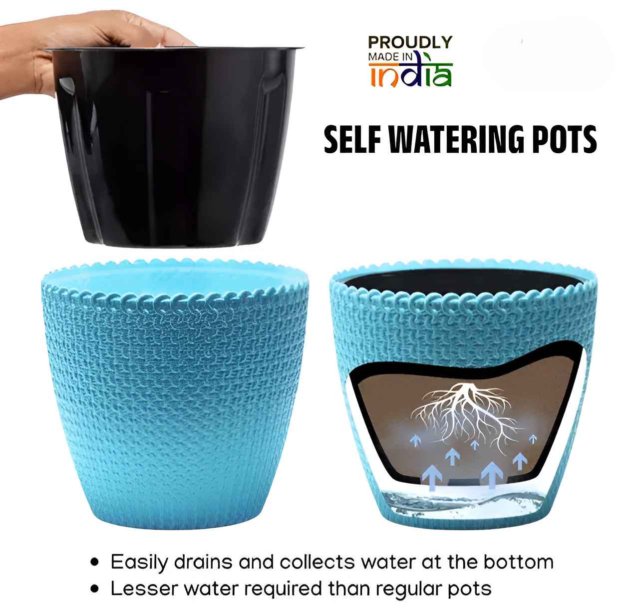 Set of 3 Indoor Flower Pots – Self-Watering Planters, 6 Inch Small Tabletop Pots for Home & Office Decor