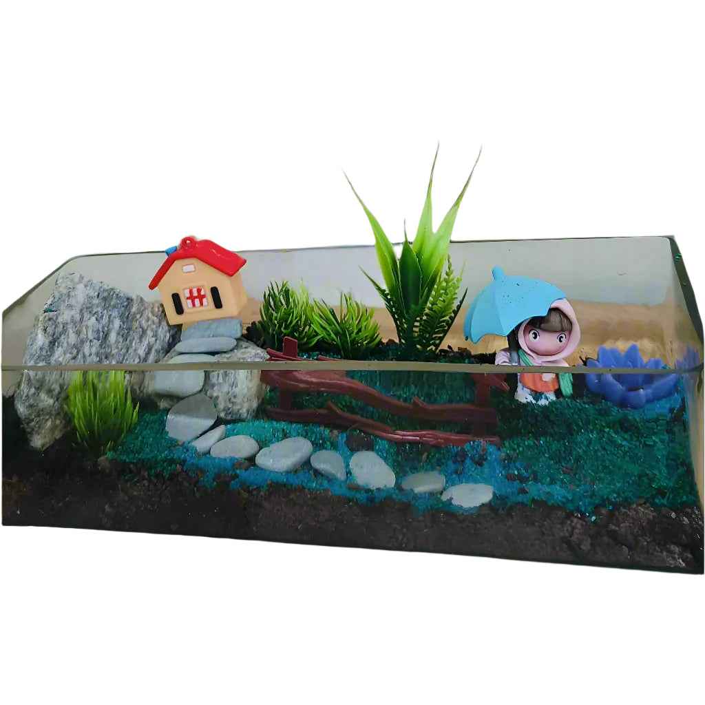 Scenarium DIY Kit: Mountain Hut with Boy Miniature and Pebble Stairs in 10x4 Inch Terrarium