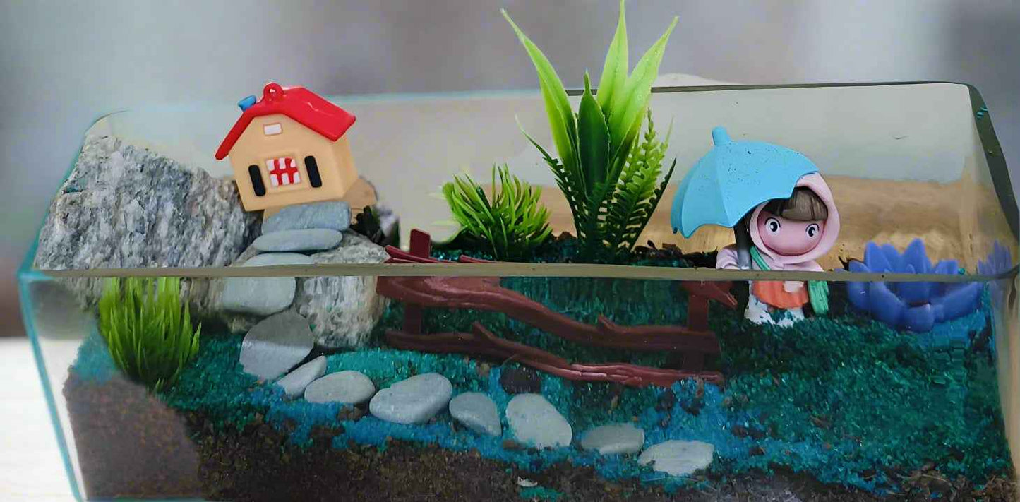 Scenarium DIY Kit: Mountain Hut with Boy Miniature and Pebble Stairs in 10x4 Inch Terrarium
