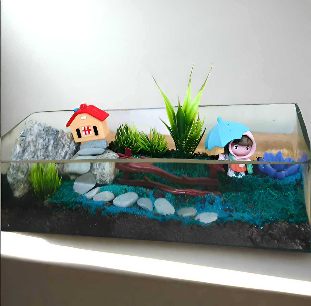 Scenarium DIY Kit: Mountain Hut with Boy Miniature and Pebble Stairs in 10x4 Inch Terrarium