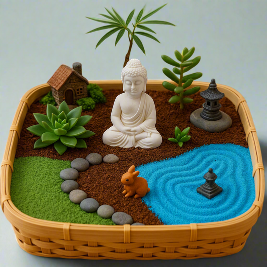DIY Zen Garden Kit in Wooden Bamboo Basket with Thinking Buddha – For Peace, Prosperity, and Positive Energy - COZY GARDEN
