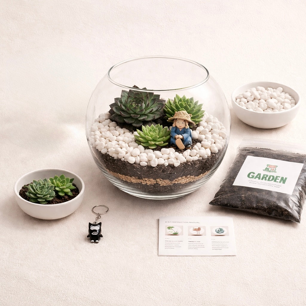 Forest Charm: DIY Round Glass Terrarium Kit with Live Succulents & Miniature | Unique Gifting Idea - COZY GARDEN