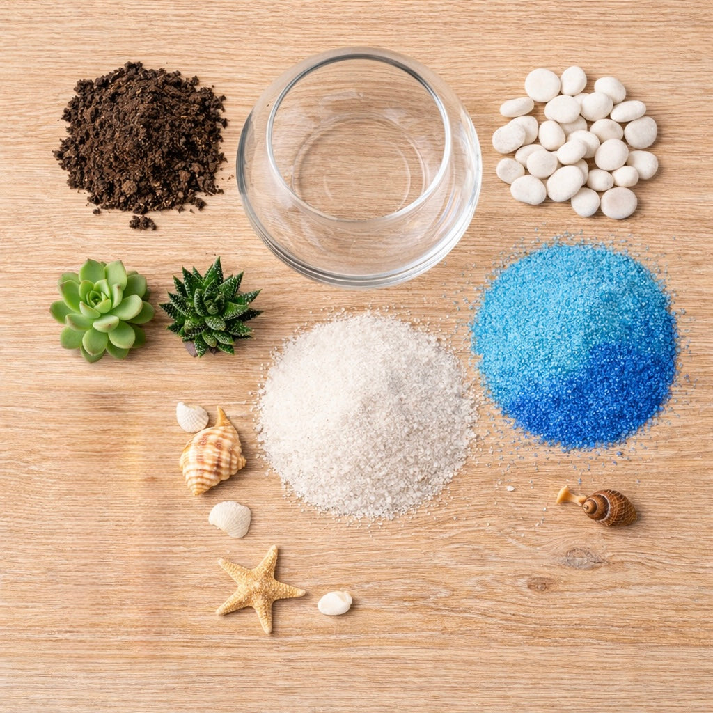 Round Beach Theme DIY Terrarium Kit with Live Plants included (Large) - COZY GARDEN