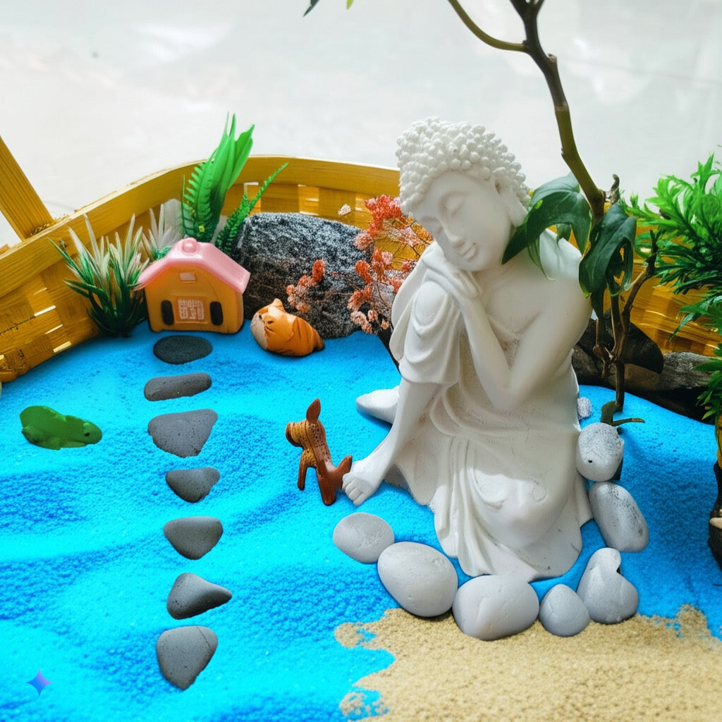 DIY Zen Garden Kit in Wooden Bamboo Basket with Thinking Buddha – For Peace, Prosperity, and Positive Energy - COZY GARDEN