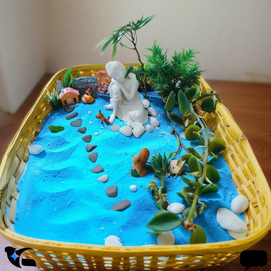 DIY Zen Garden Kit in Wooden Bamboo Basket with Thinking Buddha – For Peace, Prosperity, and Positive Energy