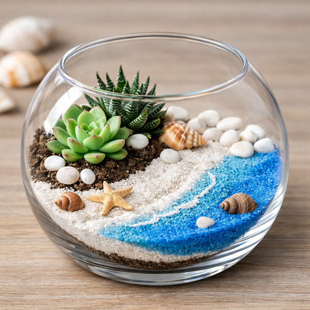 Round Beach Theme DIY Terrarium Kit with Live Plants included (Large)   COZY GARDEN