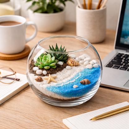 Round Beach Theme DIY Terrarium Kit with Live Plants included (Large) - COZY GARDEN