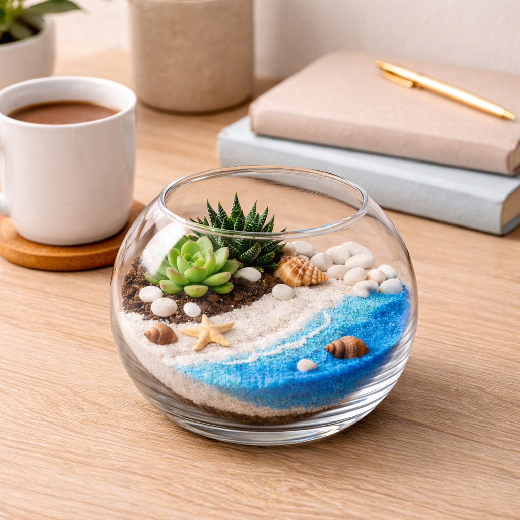 Round Beach Theme DIY Terrarium Kit with Live Plants included (Large) - COZY GARDEN