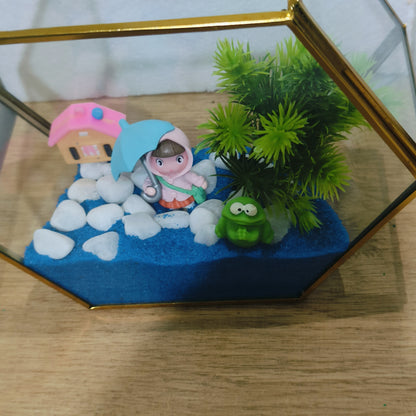 Hexagon Glass Decor Kit: Build a Miniature Scene with Artificial Plants | DIY Desk Display & Unique Gift - COZY GARDEN