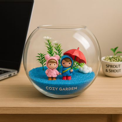 Decorative glass bowl with miniature figures and plants labeled 'Cozy Garden' on a wooden surface. Perfect gift for couple.