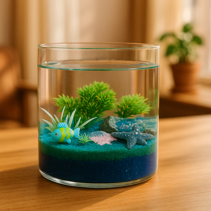 Small glass aquarium with fish and plants on a wooden surface