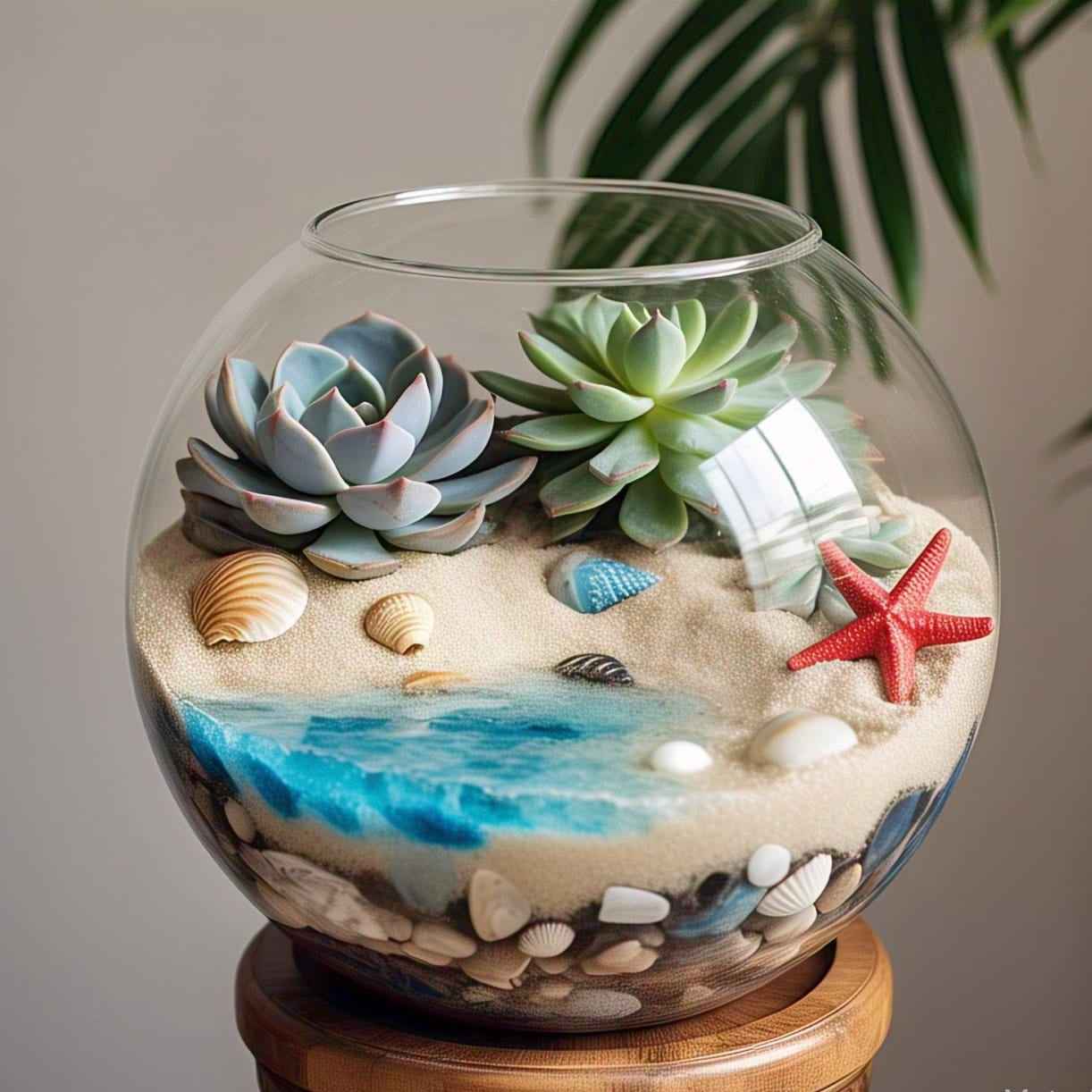 Round Beach Theme DIY Terrarium Kit with Live Plants included (Large)