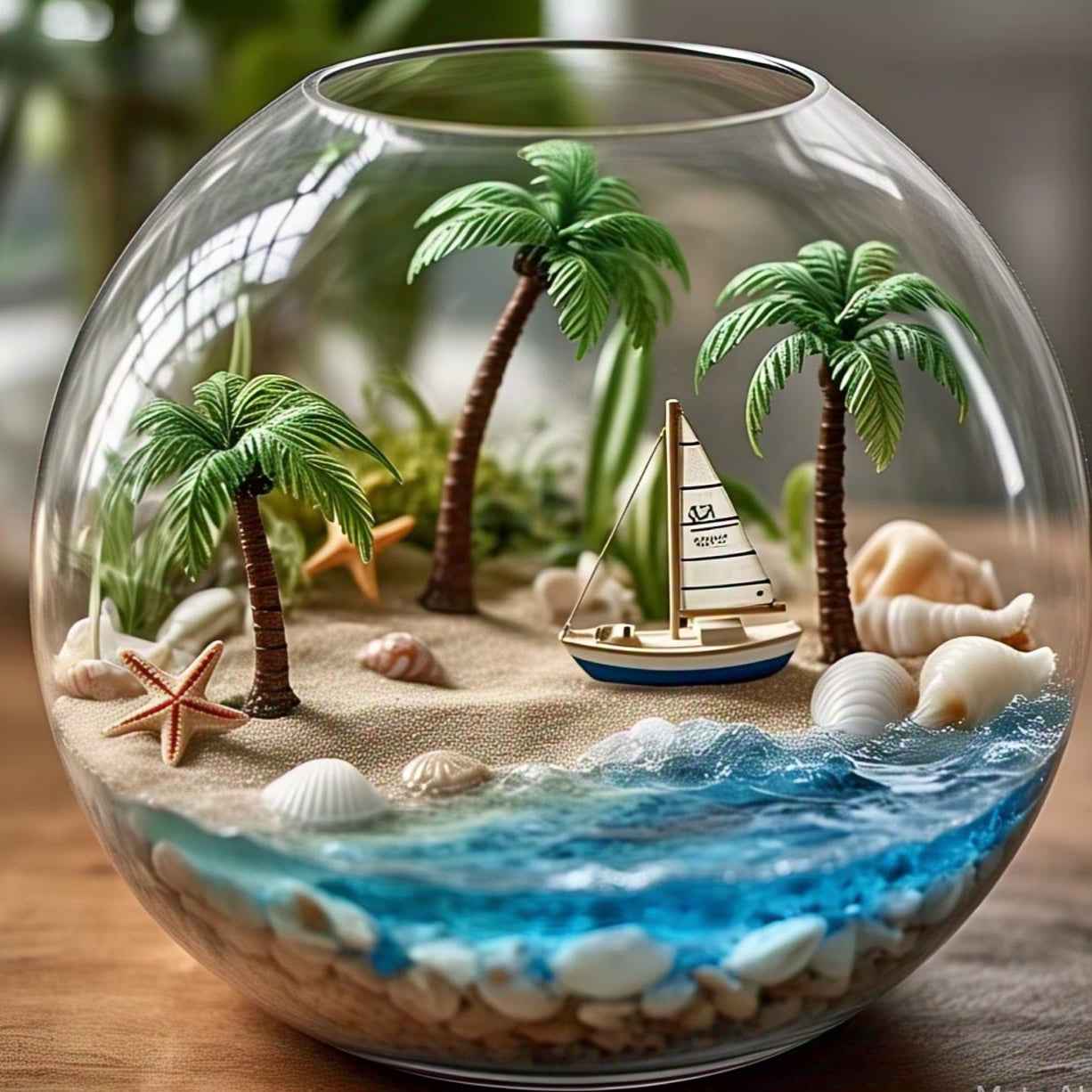 Round Beach Theme DIY Terrarium Kit with Live Plants included (Large)