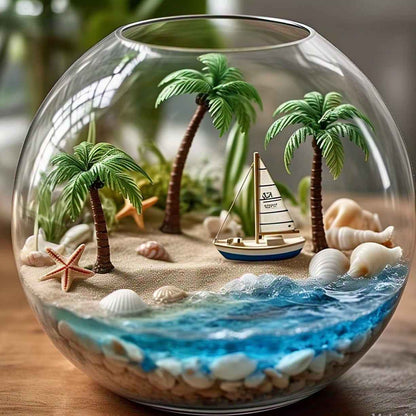 Round Beach Theme DIY Terrarium Kit with Live Plants included (Large)