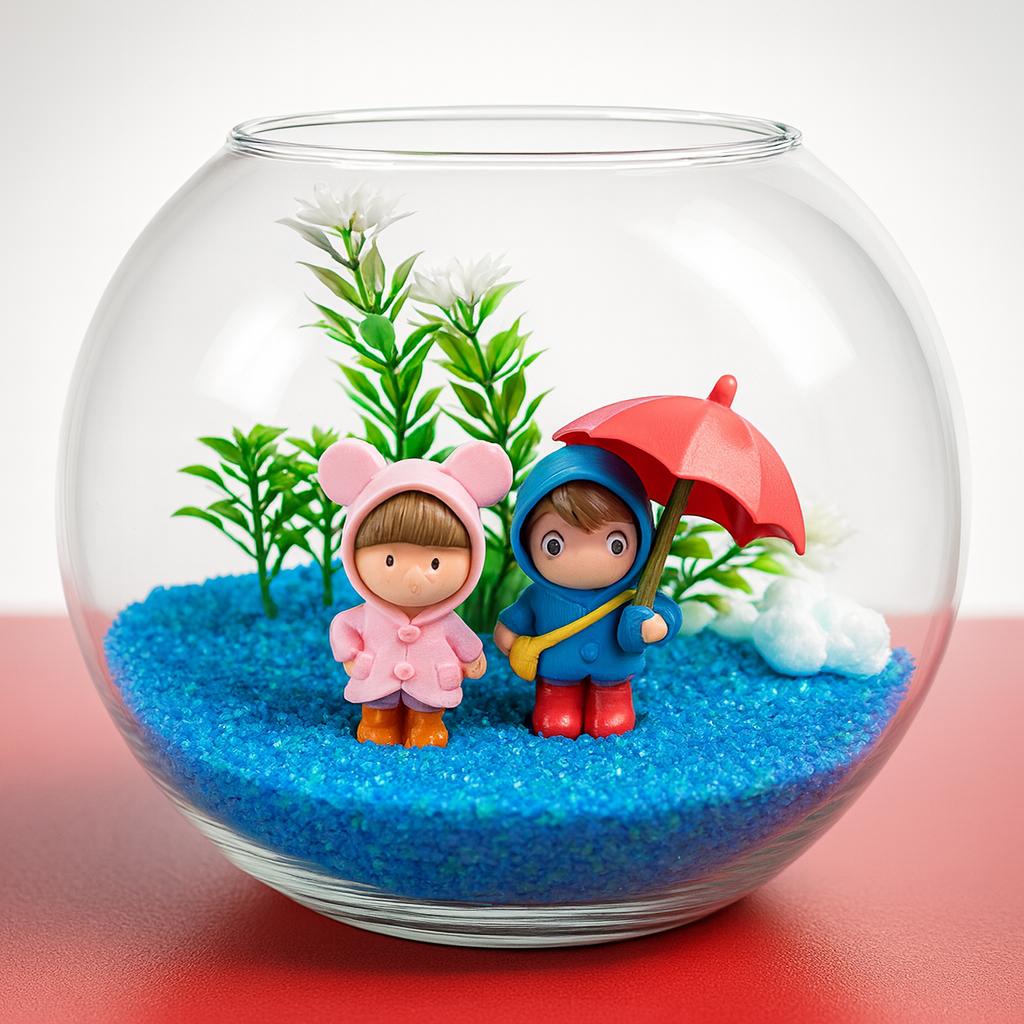 Decorative table top decor with figurines of a boy and girl in raincoats and an umbrella, set against a white background.